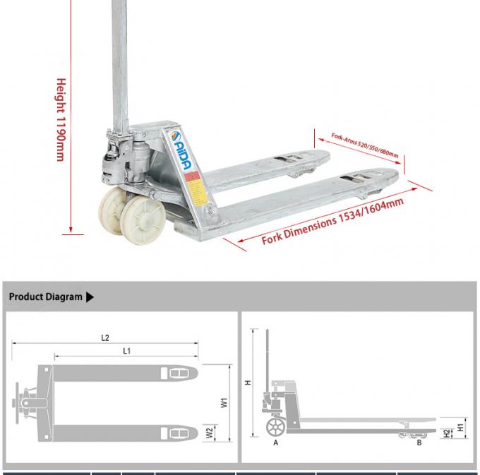 Camion à palettes manuel en acier inoxydable galvanisé de 550 mm sur mesure avec une capacité de charge de 1 à 5 tonnes 1